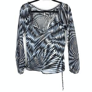 MNG Y2K Split Neck Semi Sheer Blouse Womens Sz 4 Black Gray Geometric Print